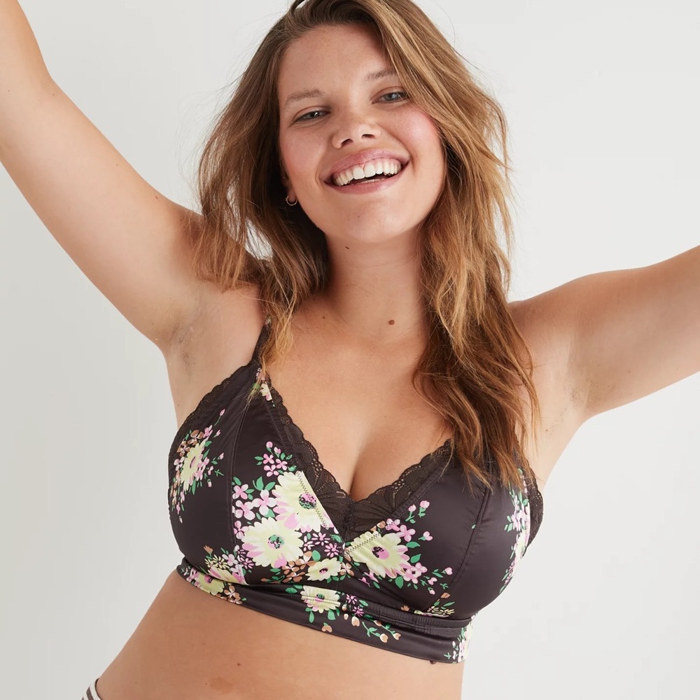AERIE Satin Flower Floral Print Lace Bra Size M